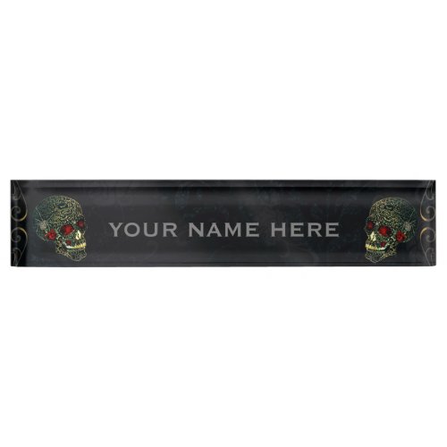 Jeweled Spider Skull  Roses Glam Goth Office Desk Desk Name Plate