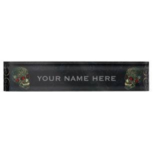 Jeweled Spider Skull & Roses Glam Goth Office Desk Name Plate
