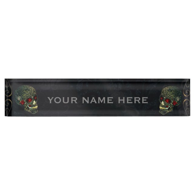 Jeweled Spider Skull & Roses Glam Goth Office Desk Name Plate (Front)