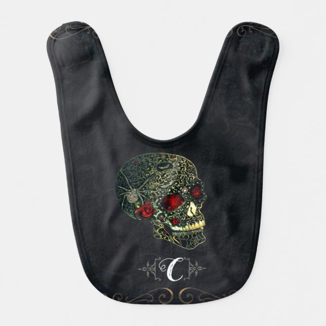 Jeweled Spider Skull & Roses Glam Gothic Baby Bib (Front)