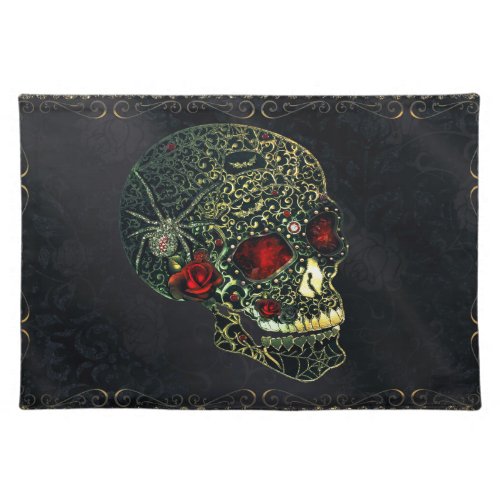 Jeweled Spider Skull  Roses Glam Gothic Cloth Placemat