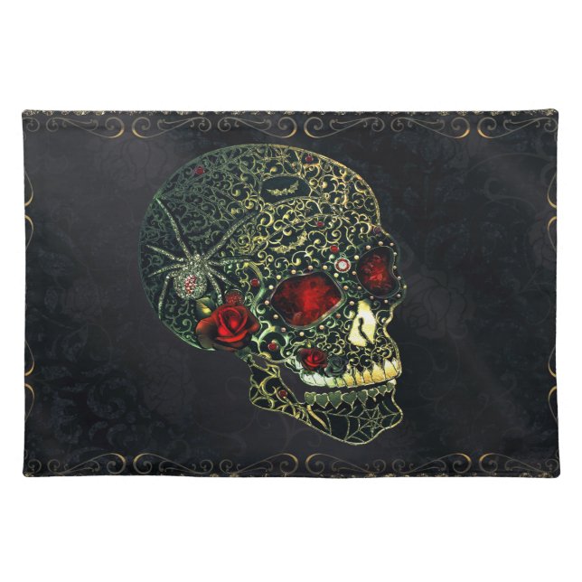 Jeweled Spider Skull & Roses Glam Gothic Cloth Placemat (Front)