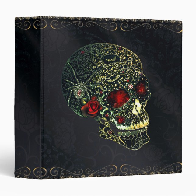 Jeweled Spider Skull & Roses Glam Gothic Filigree 3 Ring Binder (Front/Spine)