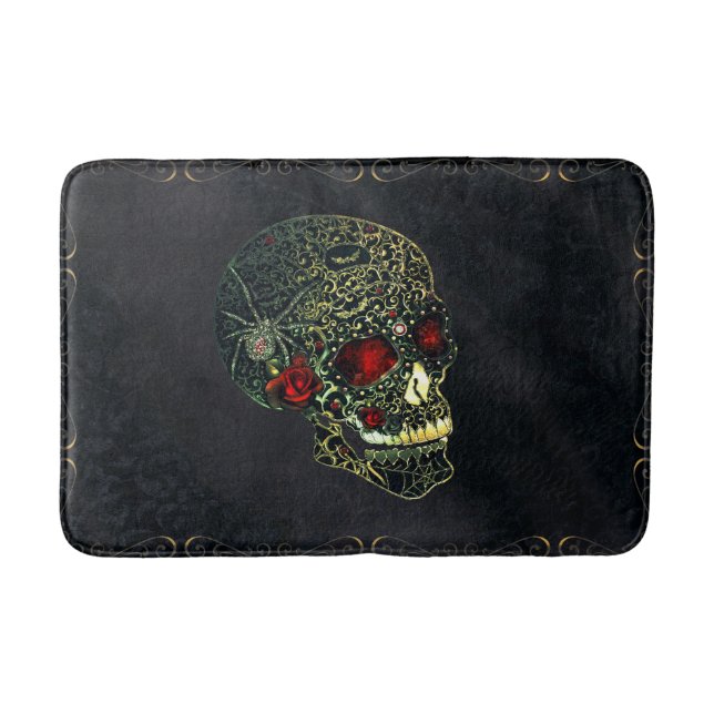 Jeweled Spider Skull & Roses Glam Gothic Filigree Bath Mat (Front)