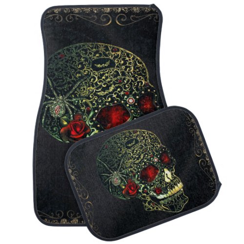 Jeweled Spider Skull  Roses Glam Gothic Filigree Car Floor Mat