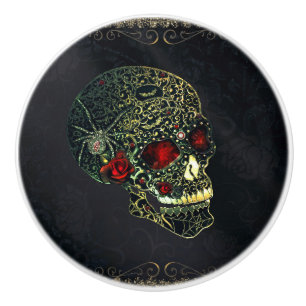 Jeweled Spider Skull & Roses Glam Gothic Filigree Ceramic Knob