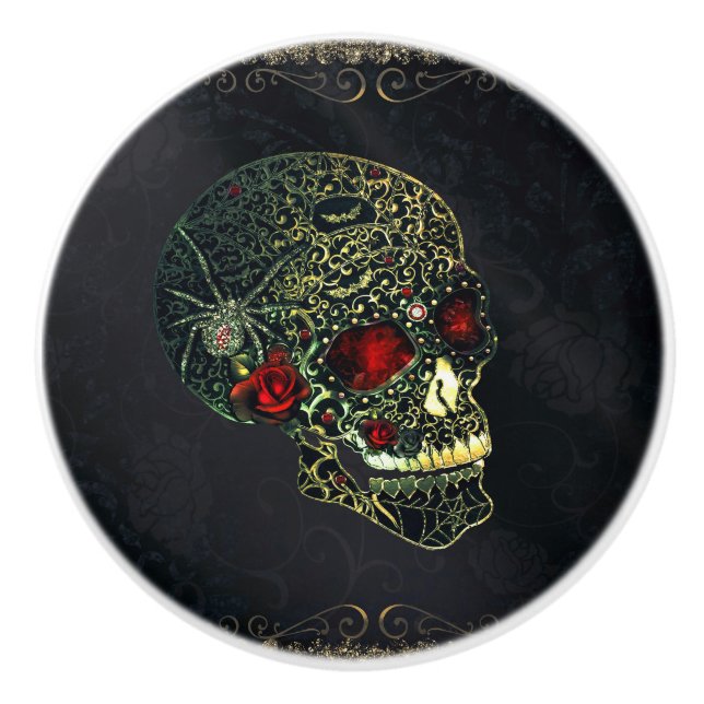 Jeweled Spider Skull & Roses Glam Gothic Filigree Ceramic Knob (Front)