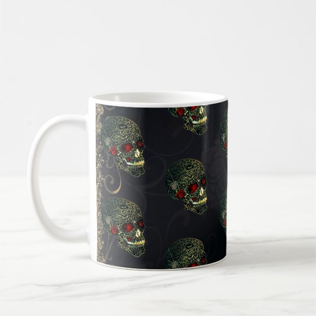 Jeweled Spider Skull & Roses Glam Gothic Filigree Coffee Mug (Left)