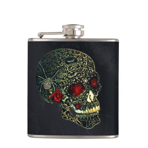 Jeweled Spider Skull  Roses Glam Gothic Filigree Flask