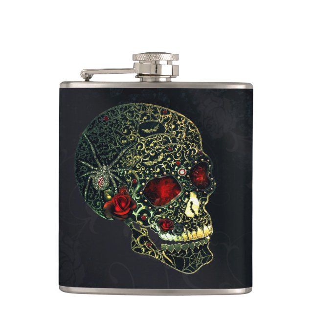 Jeweled Spider Skull & Roses Glam Gothic Filigree Flask (Front)