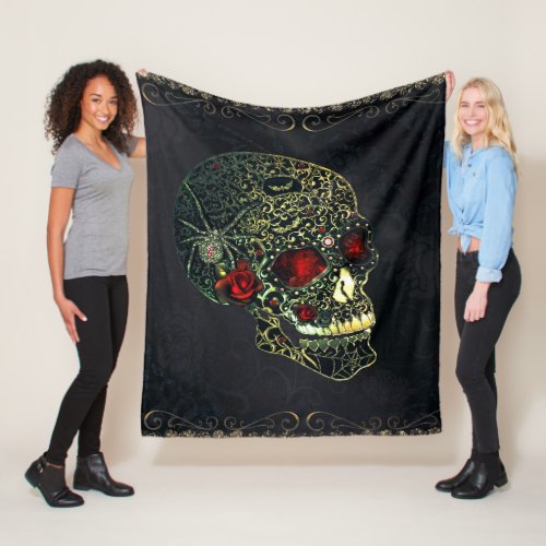 Jeweled Spider Skull  Roses Glam Gothic Filigree Fleece Blanket