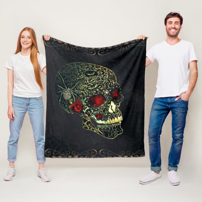 Jeweled Spider Skull & Roses Glam Gothic Filigree Fleece Blanket (In Situ)