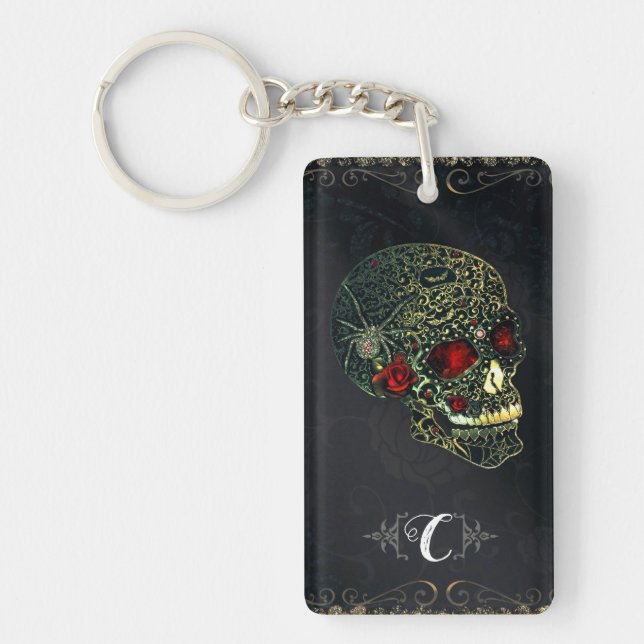 Jeweled Spider Skull & Roses Glam Gothic Filigree Keychain (Front)