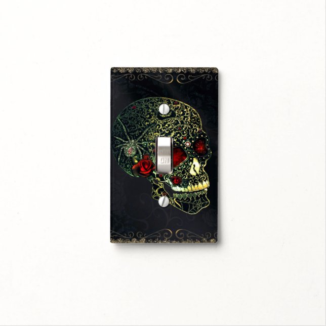 Jeweled Spider Skull & Roses Glam Gothic Filigree Light Switch Cover (In Situ)