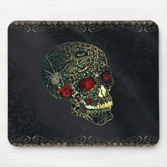 Jeweled Spider Skull & Roses Glam Gothic Filigree Mouse Pad (Front)