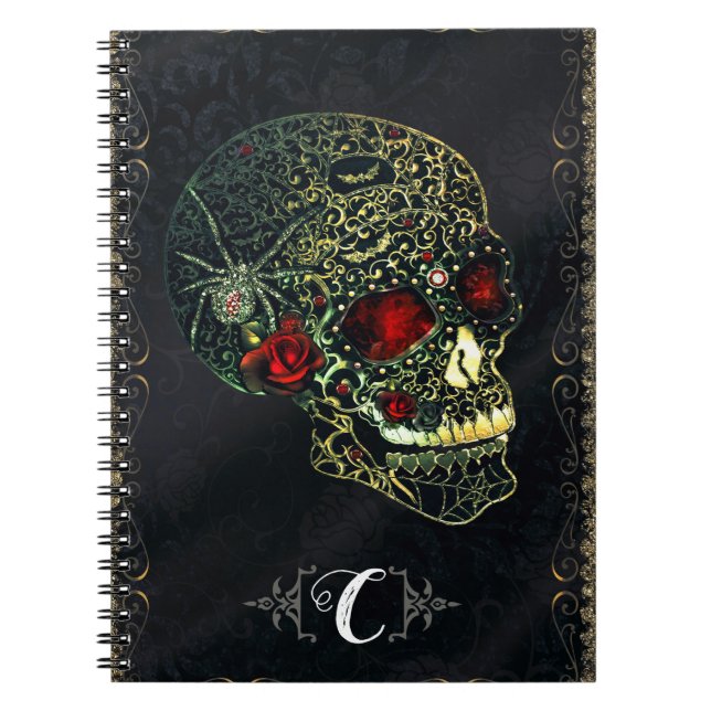 Jeweled Spider Skull & Roses Glam Gothic Filigree Notebook (Front)