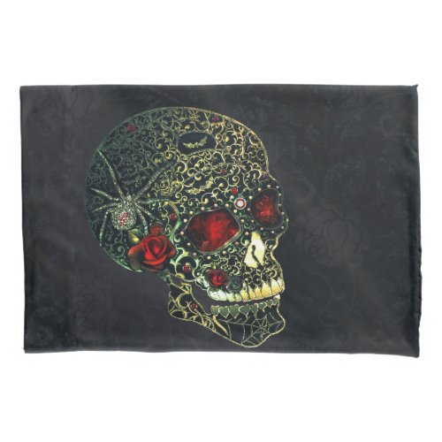 Jeweled Spider Skull  Roses Glam Gothic Filigree Pillow Case