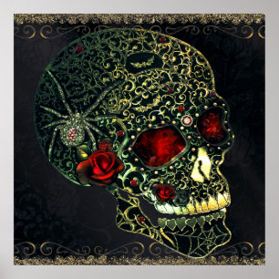 Jeweled Spider Skull & Roses Glam Gothic Filigree Poster