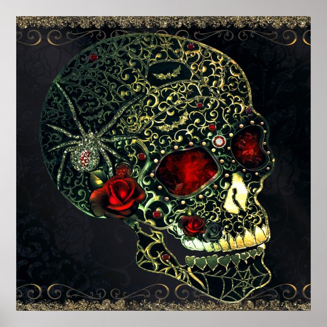 Jeweled Spider Skull & Roses Glam Gothic Filigree Poster (Front)