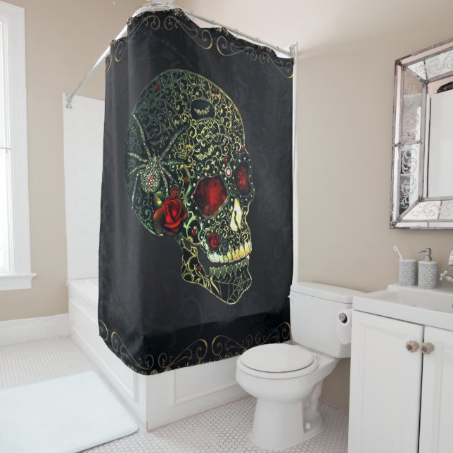Jeweled Spider Skull & Roses Glam Gothic Filigree Shower Curtain (In Situ)