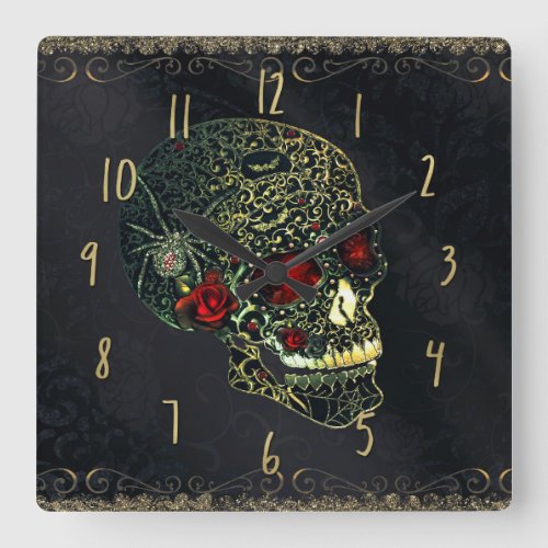 Jeweled Spider Skull  Roses Glam Gothic Filigree Square Wall Clock