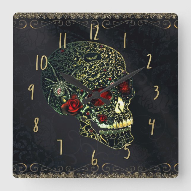 Jeweled Spider Skull & Roses Glam Gothic Filigree Square Wall Clock (Front)