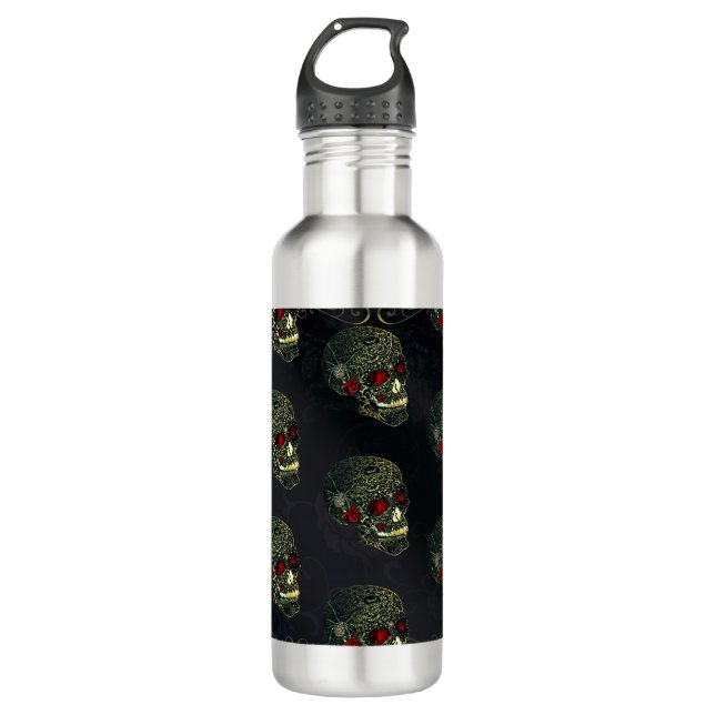 Jeweled Spider Skull & Roses Glam Gothic Filigree Stainless Steel Water Bottle (Front)