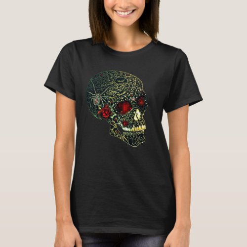 Jeweled Spider Skull  Roses Glam Gothic Filigree T_Shirt