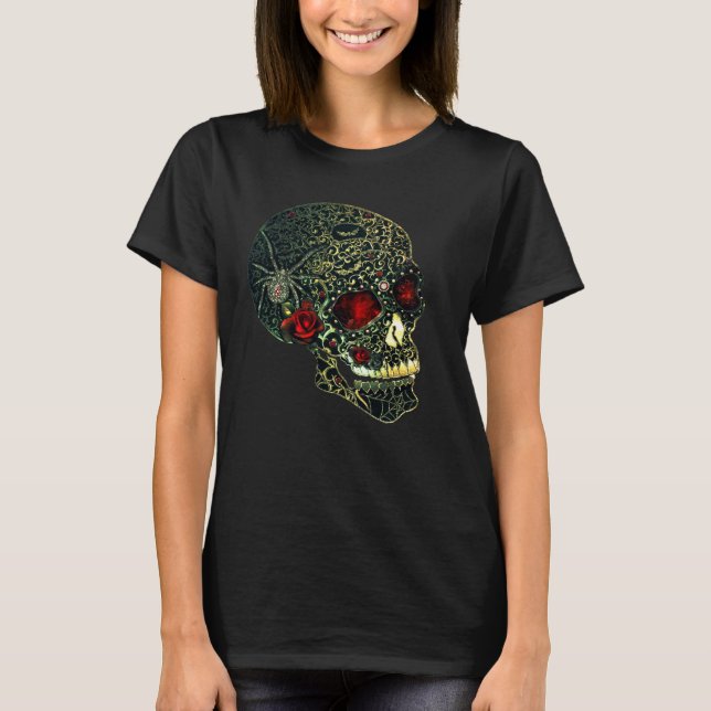 Jeweled Spider Skull & Roses Glam Gothic Filigree T-Shirt (Front)