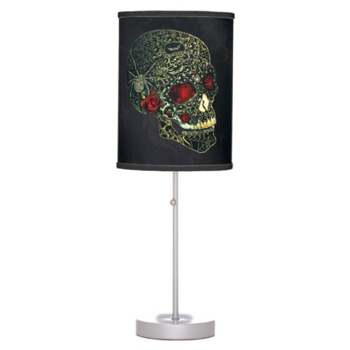 Jeweled Spider Skull  Roses Glam Gothic Filigree Table Lamp