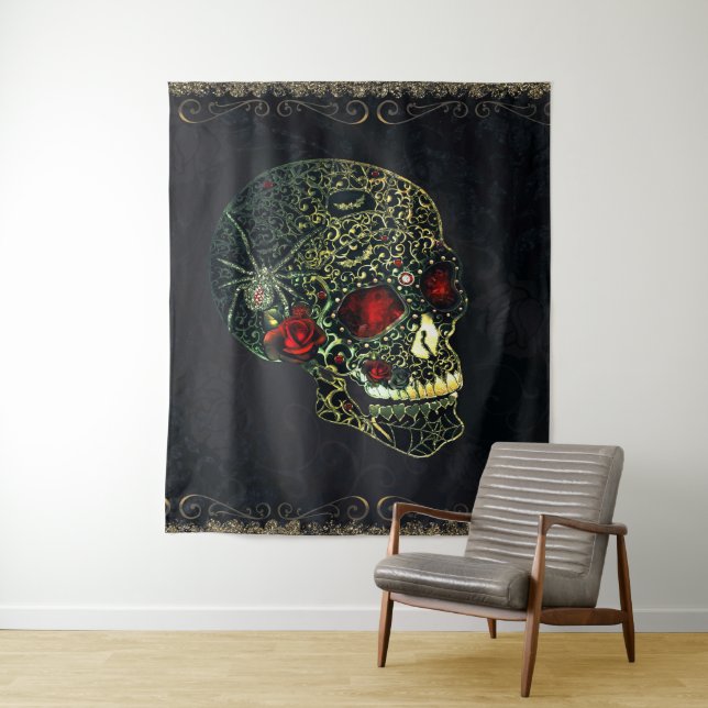 Jeweled Spider Skull & Roses Glam Gothic Filigree Tapestry (In Situ)