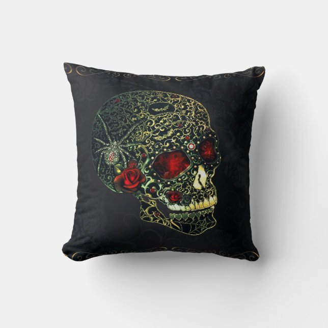Jeweled Spider Skull & Roses Glam Gothic Filigree Throw Pillow (Front)