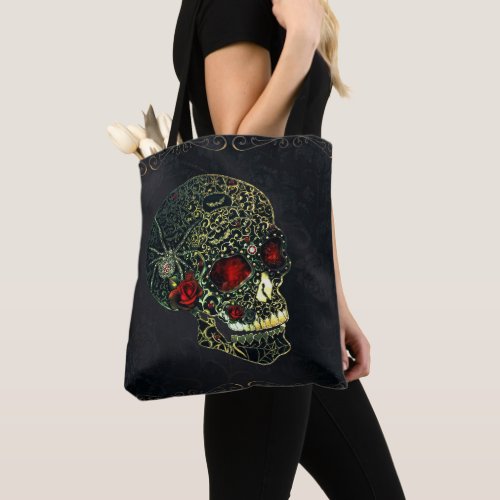 Jeweled Spider Skull  Roses Glam Gothic Filigree Tote Bag