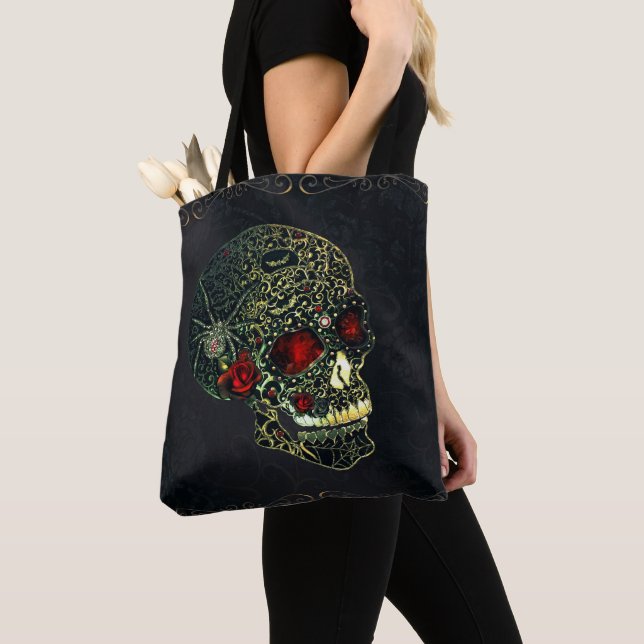 Jeweled Spider Skull & Roses Glam Gothic Filigree Tote Bag (Close Up)