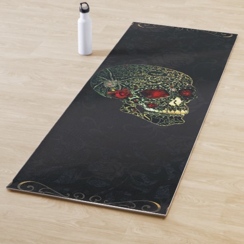 Jeweled Spider Skull  Roses Glam Gothic Filigree Yoga Mat