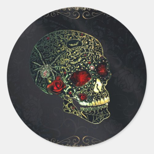 Jeweled Spider Skull  Roses Glam Gothic Party Classic Round Sticker