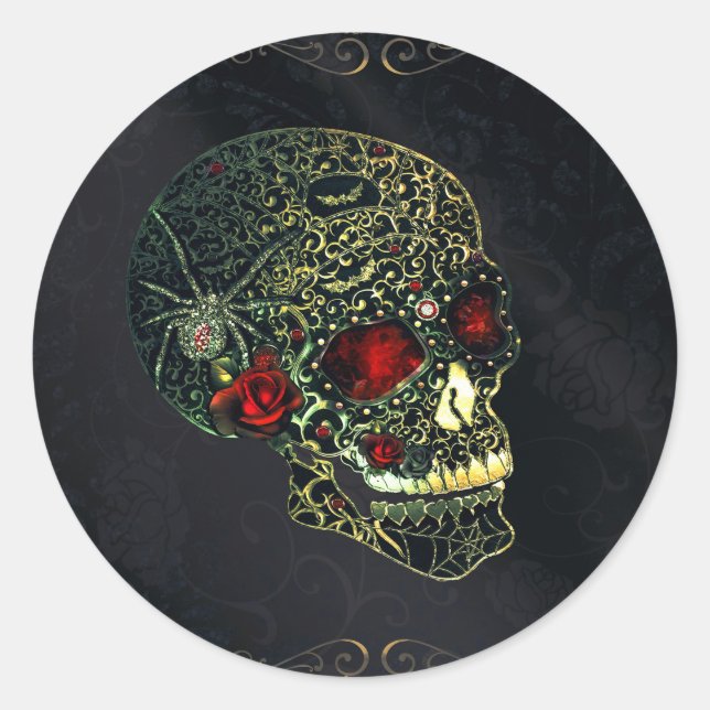 Jeweled Spider Skull & Roses Glam Gothic Party Classic Round Sticker (Front)