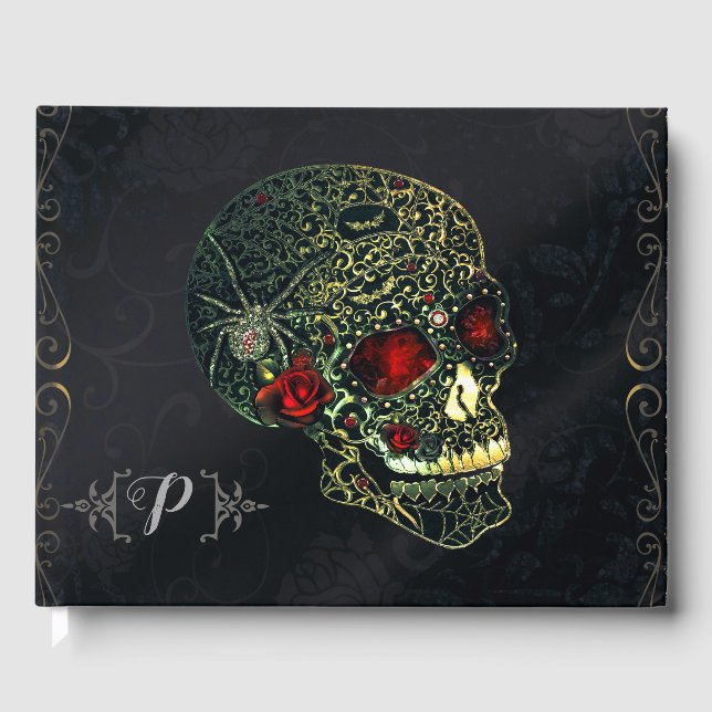 Jeweled Spider Skull & Roses Glam Gothic Party Guest Book (Front)