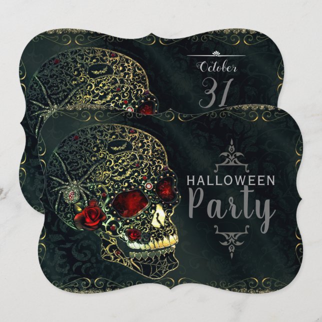 Jeweled Spider Skull & Roses Glam Gothic Party Invitation (Front/Back)