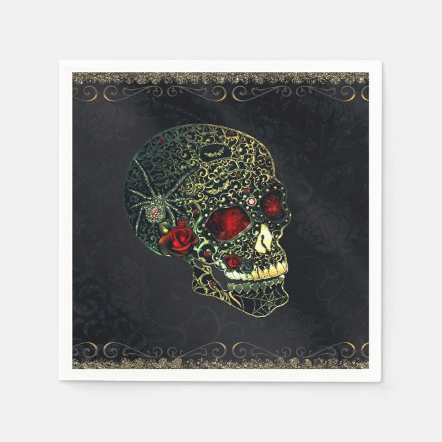 Jeweled Spider Skull & Roses Glam Gothic Party Napkins (Front)