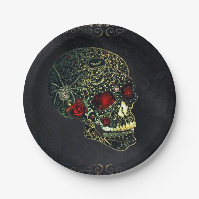 Jeweled Spider Skull & Roses Glam Gothic Party Paper Plates (Front)
