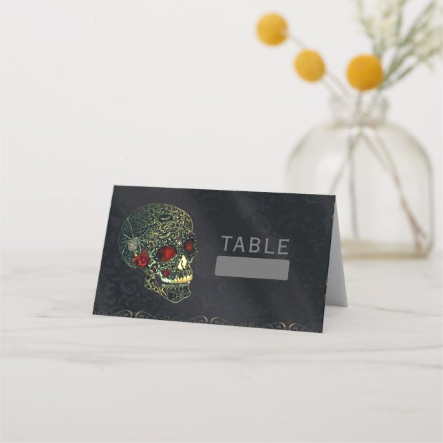 Jeweled Spider Skull & Roses Glam Gothic Party Place Card (Front)