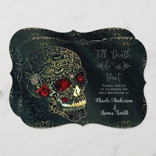 Jeweled Spider Skull  Roses Glam Gothic Wedding Invitation