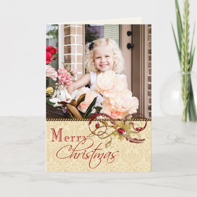Jeweled Swirls and Damask Photo Christmas Card (Front)