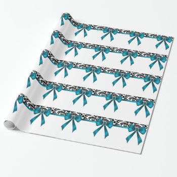 Jeweled Teal Bow Damask Holiday Wrapping Paper by TheInspiredEdge at Zazzle
