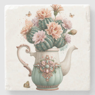 Jeweled Teal Teapot with Blooming Cactus Stone Coaster
