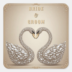 Jeweled Wedding Swan Heart Symbol Square Sticker