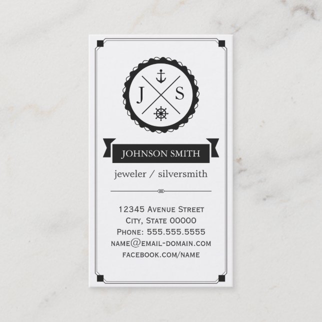Jeweler / Silversmith - Retro Nautical Monogram Business Card (Front)