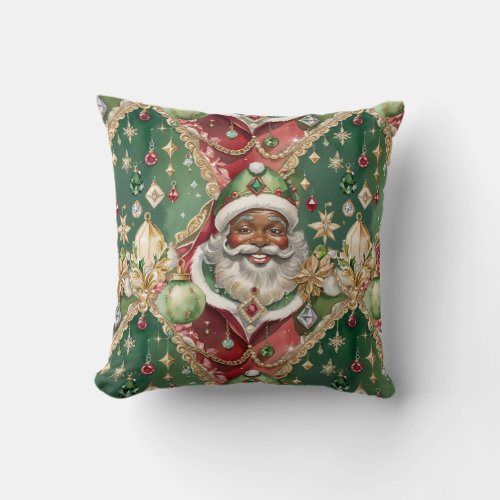 Jewelled Black Santa Claus Vintage Style Christmas Throw Pillow