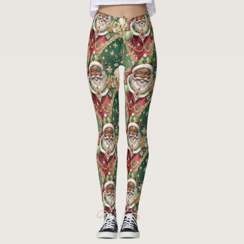 Jewelled Black Santa Sage Green Ruby Red Christmas Leggings